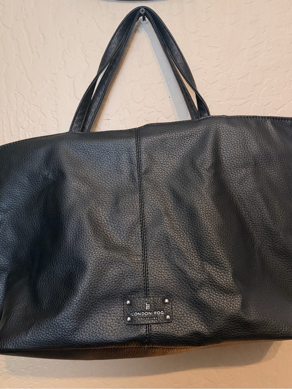 London Fog Black Textured Leather Tote with Double Straps